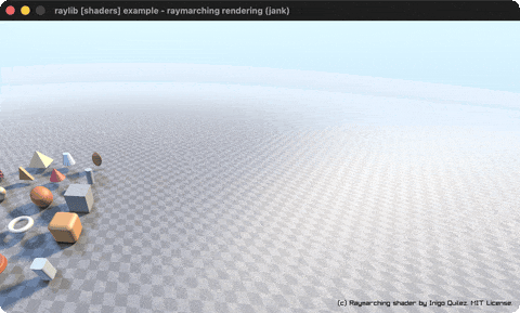 A raymarched signed-distance-field scene flown through in first person